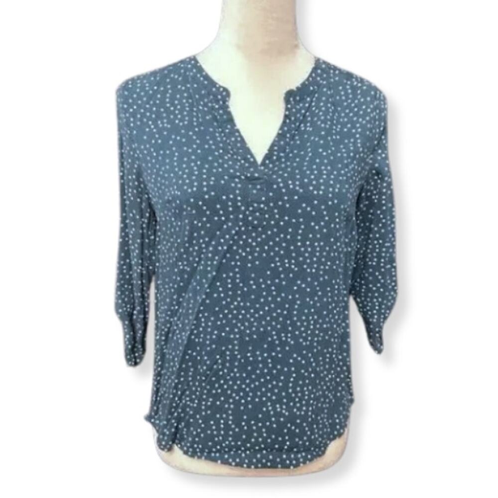 Pale Sky Blouse Polka Dot Pattern 3/4 Sleeves Split Neck Blue/White Women's PS
